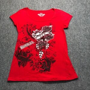 Y2K Red Graphic Tee Rhinestone Roses Biker Top Womens